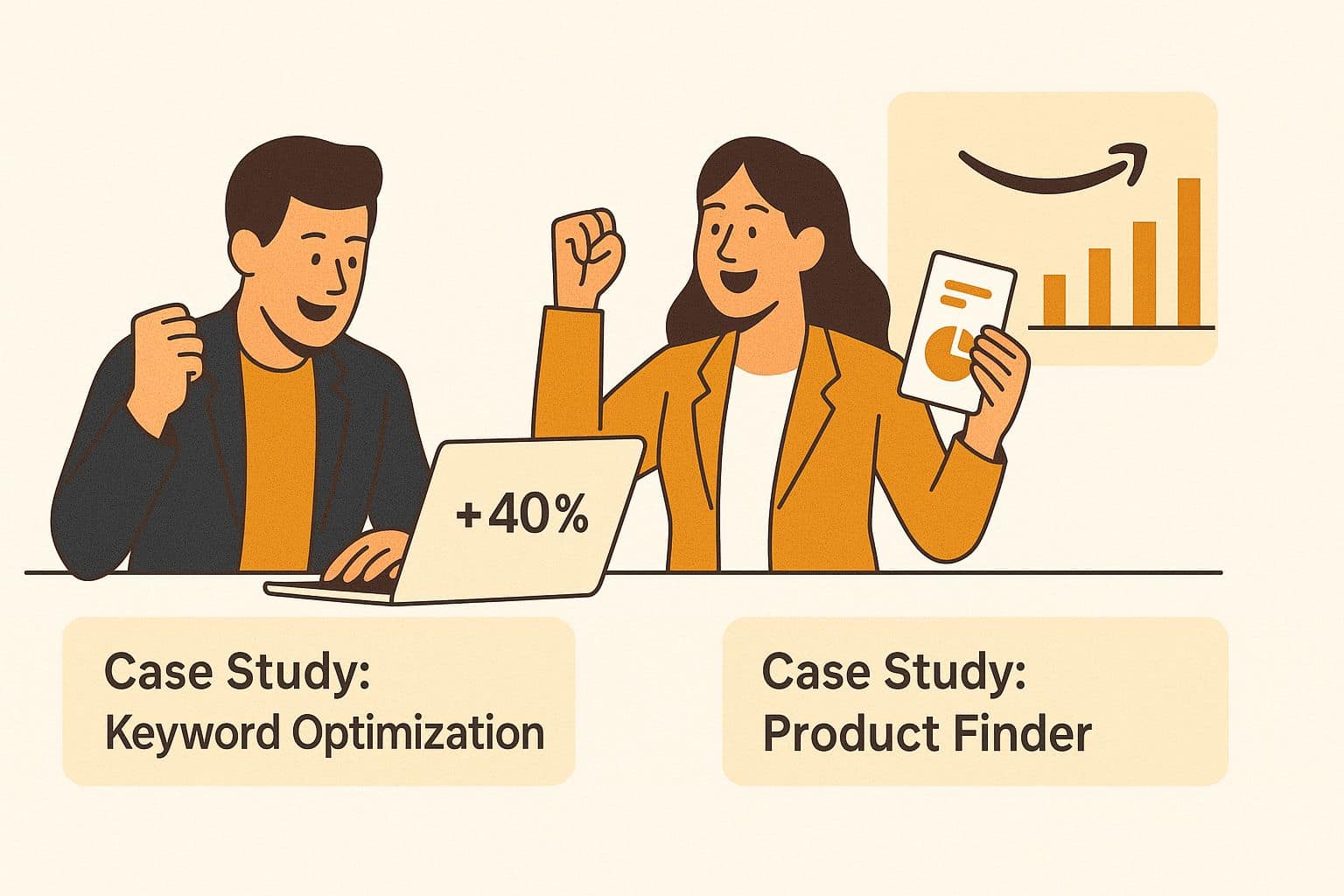 Case studies illustration showing 40% growth results from keyword optimization and product finder strategies