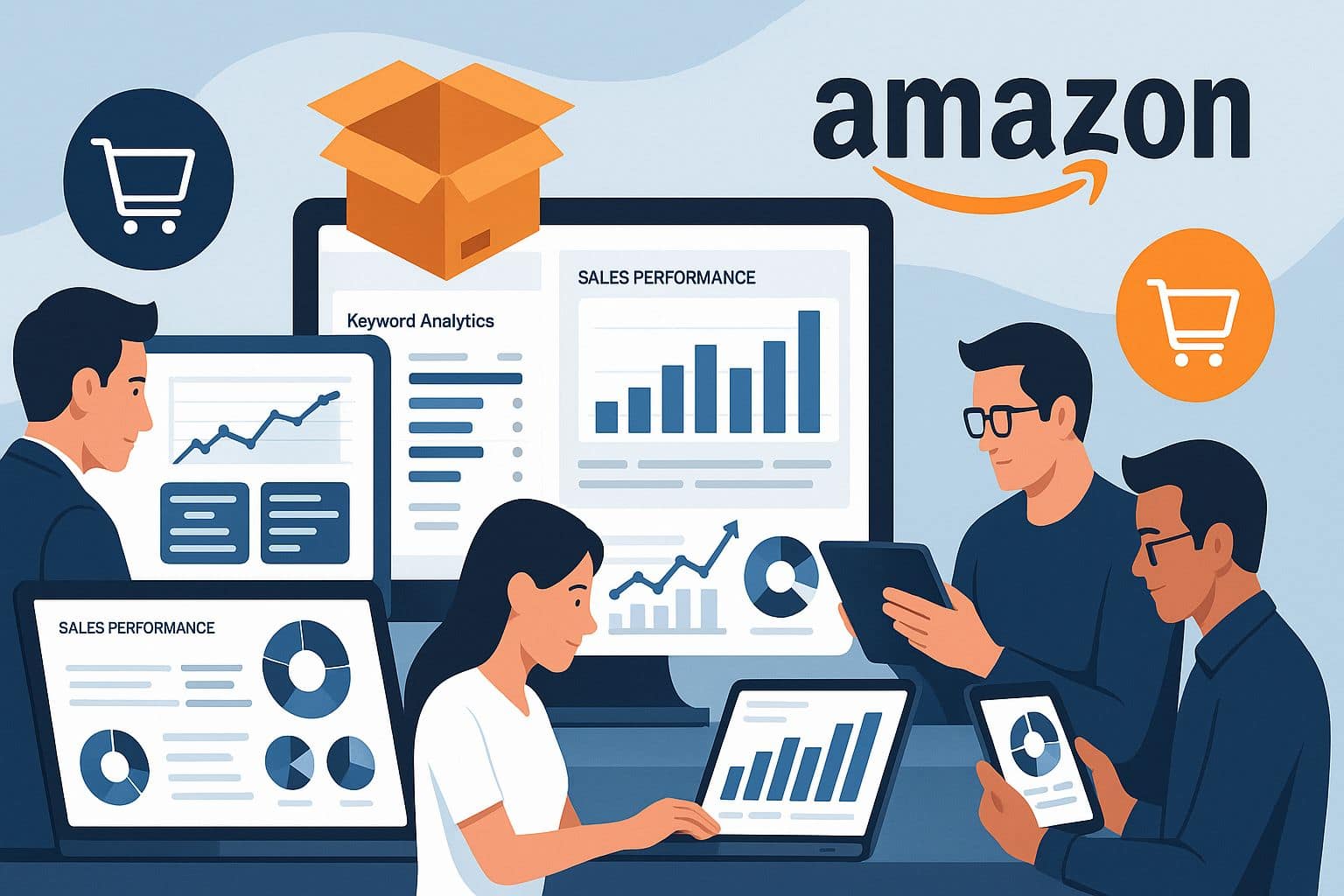 Amazon SEO tools illustration showing team analyzing sales performance data with keyword analytics charts and Amazon logo.